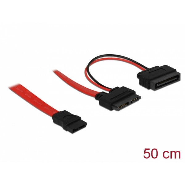 DELOCK 84418 SATA-kabel Slim 13pin till SATA 7pin + SATA 15pin 0,50m Denna SATA Slimline ALL-in-One-kabel används för att ansluta enheter med en SATA Slimline-port, såsom CD/DVD-enheter