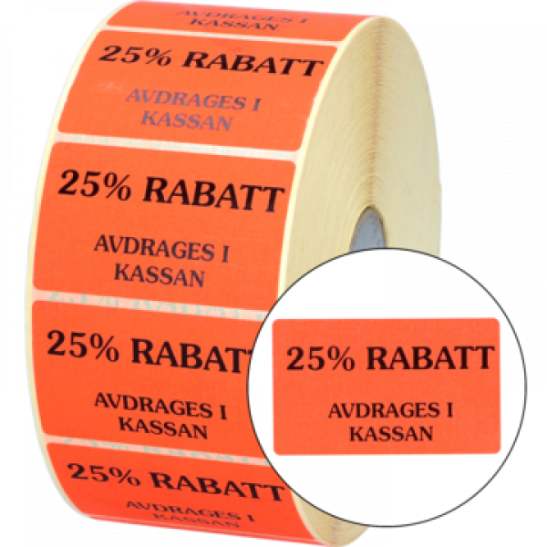 Etikett 50x30mm fluor röd, 25 % Rabatt avdrages i