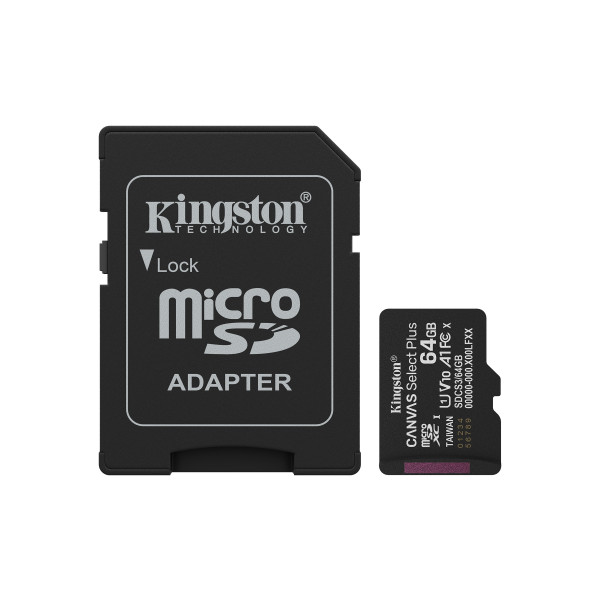 microSD - 64GB Kingston 100Mb/s Gen3 med adapter