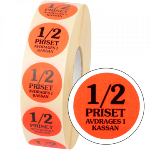 Rund 29 mm, ½ priset avdrages i kassan, röd fluor