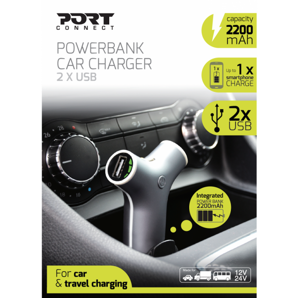 USB-billaddare i bilen med 2st USB portar och inbyggd powerbank