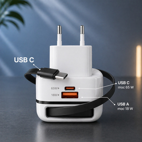 Snabbladdare USB-C 65W PD GaN | USB-A + USB-C med Utdragbar kabel
