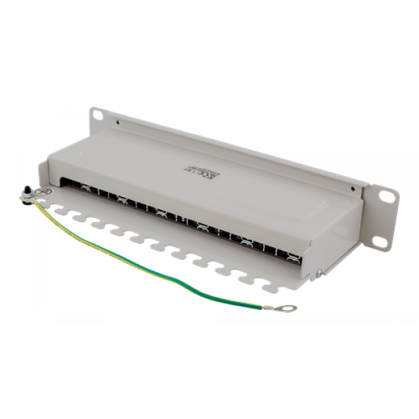 DELTACO 10" patchpanel, 12xRJ45, Cat6a, STP, 10Gbps, metall, grå 10-PATCH14