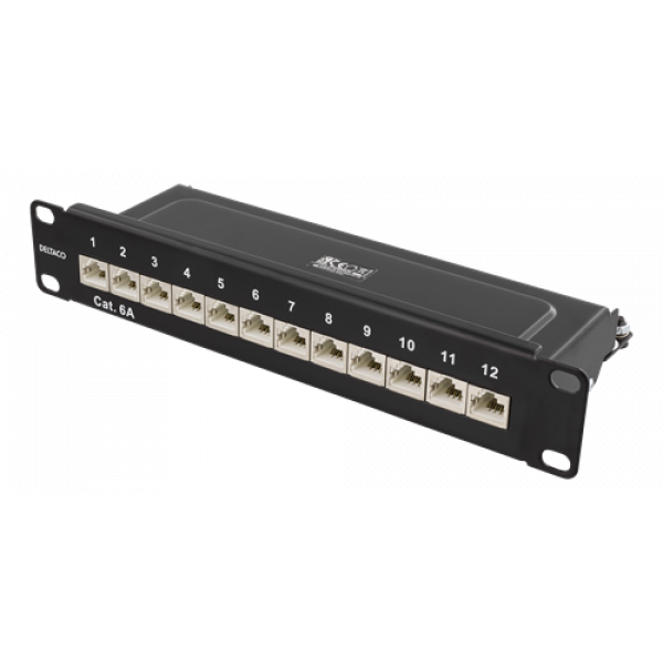 DELTACO 10" patchpanel, 12xRJ45, Cat6a, STP, 10Gbps, metall, svart 10-PATCH15