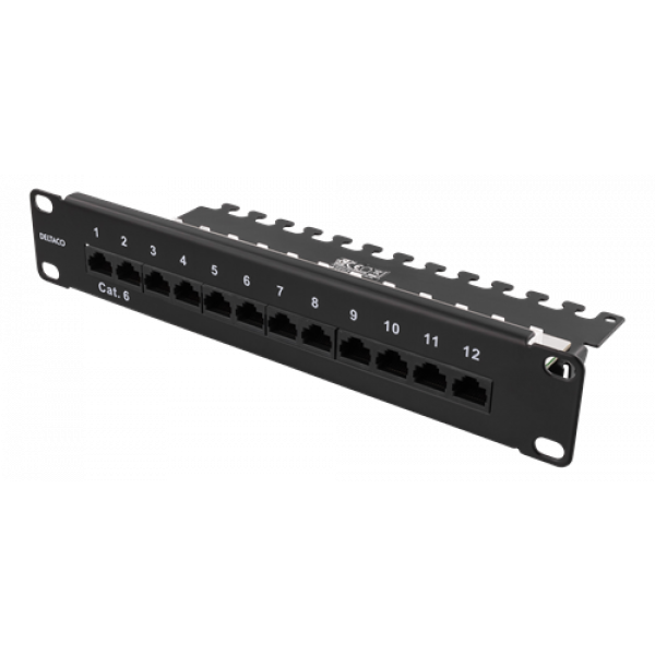 DELTACO 10” patchpanel, 12xRJ45, Cat6, 1U, Krone LSA, oskärmad, metall 10-PATCH16