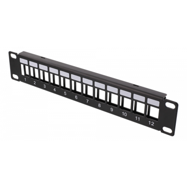 10" Keystone patchpanel, 12 portar, 1U, metall, svart 10-PATCH18