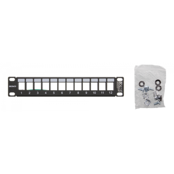 DELTACO 10" Keystone patchpanel, 12 portar, 1U, metall, svart 10-PATCH18
