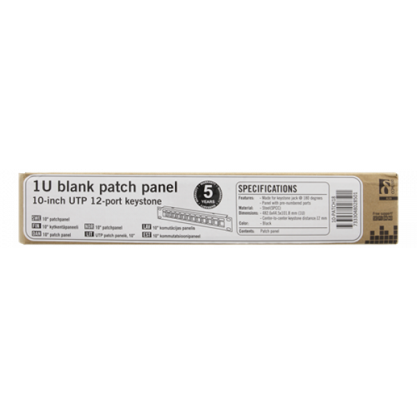 DELTACO 10" Keystone patchpanel, 12 portar, 1U, metall, svart 10-PATCH18