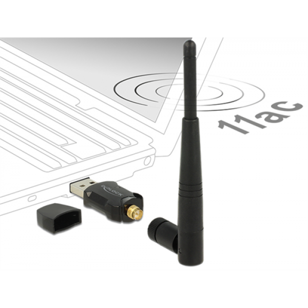 DeLOCK trådlöst nätverkskort, extern antenn, 802.11ac, USB 2.0, svart 12462