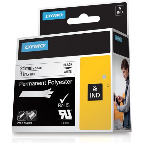 DYMO RhinoPRO märktejp perm polyester 24mm, svart på vitt, 5.5m rull 1734523
