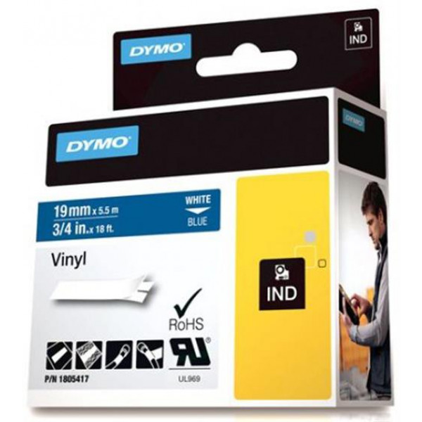 DYMO Rhino Professional, 19mm, märkbar vinyltejp, vit text blå tejp 1805417