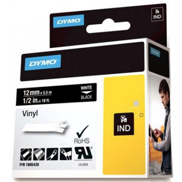DYMO Rhino Professional, 12mm, märkbar vinyltejp, vit text svart tejp 1805435