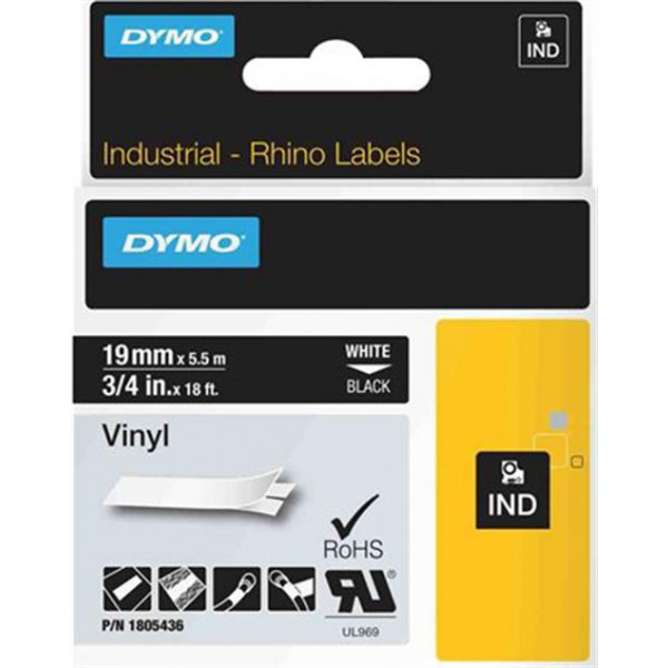 DYMO RhinoPRO 19mm vinyltejp, vit på svart, 5.5m rulle 1805436