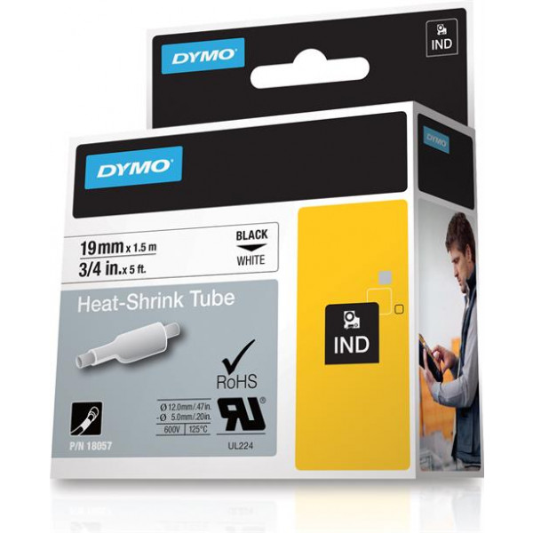 DYMO RhinoPRO märkbar krympslang 19mm, svart på vitt, 1.5m rulle 18057