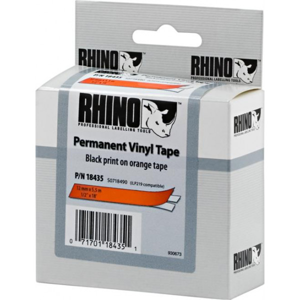 DYMO RhinoPRO märktejp perm vinyl 12mm, svart på orange, 5.5m rulle 18435