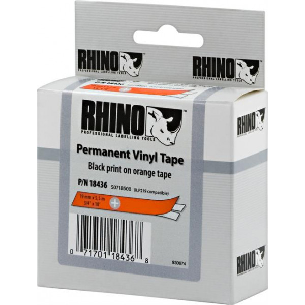 DYMO RhinoPRO märktejp perm vinyl 19mm, svart på orange, 5.5m rulle 18436