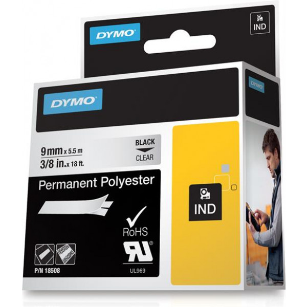 DYMO RhinoPRO märktejp perm polyester 9mm, svart på transp, 5,5m 18508DMO