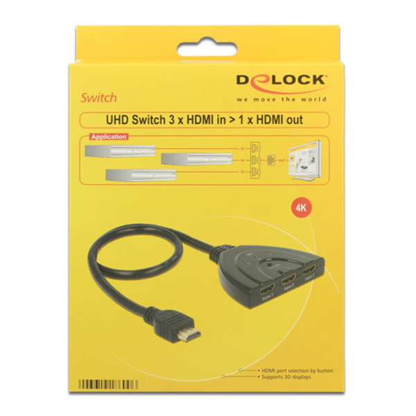 DeLOCK HDMI-switch, 3in 1 ut, 3840x2160 i 60Hz, HDCP 2.2, svart 18600