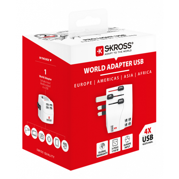 SKROSS PRO Light USB (4xA), 3-pole travel adapter with 4x USB-A ports 1.302461