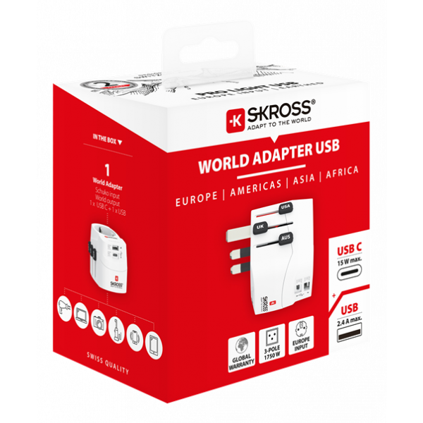 SKROSS PRO Light USB (AC), 3-pole travel adapter, 1x USB-A, 1x USB-C 1.302462