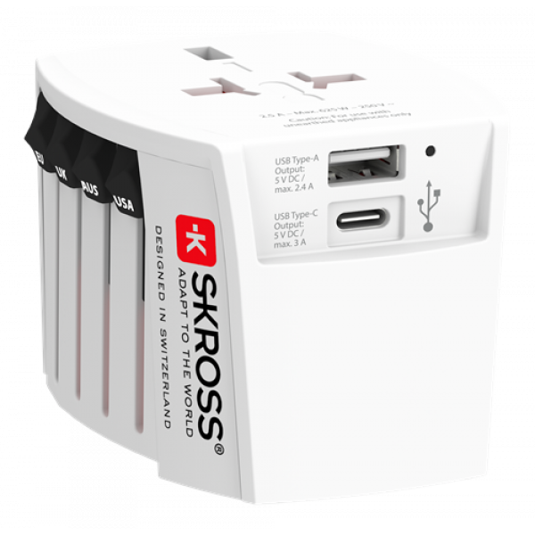 2-pole world travel adapter with integrated Dual USB Charger (1x USB C & 1 x USB)
With the World Adapter MUV USB (AC) from SKROSS® travellers from all over the world can charge a USB C device as well as a regular USB device 1.302962