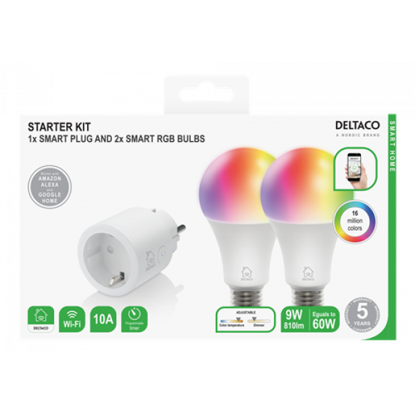 DELTACO SMART HOME, starter kit with two RGB bulbs and one plug 1x plug 2x bulbs