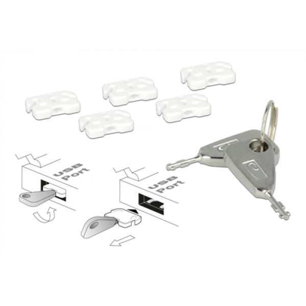 DeLOCK Lås för USB-portar, 5 USB-lås, 2 nycklar, vit 20648