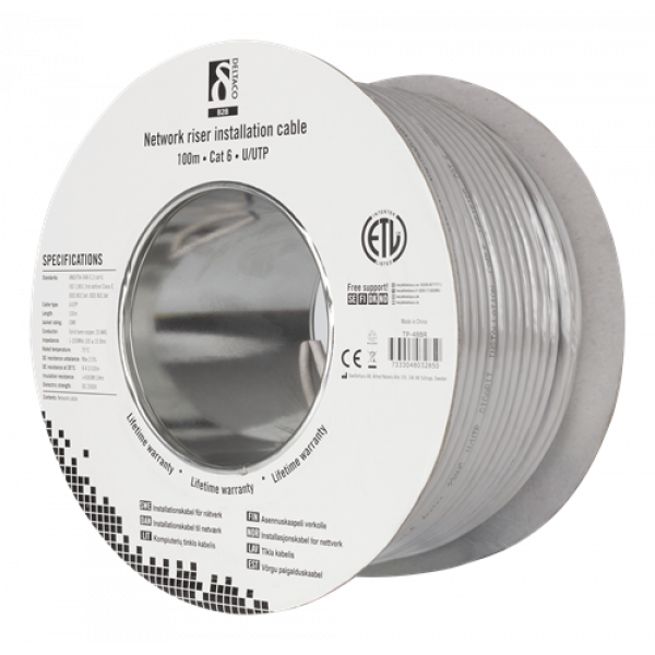 DELTACO U/UTP Cat6 riser installationskabel, 100m trumma, 250MHz, Delt 363-5