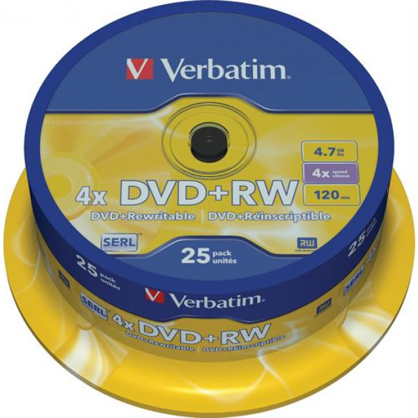 Verbatim DVD+RW, 1-4x, 4,7 GB/120 min, 25-pack spindel, SERL 43489