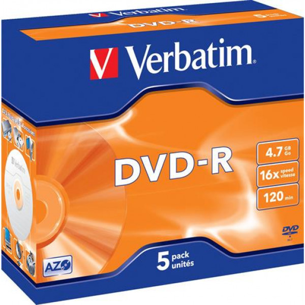 Verbatim DVD-R, 16x, 4,7 GB/120 min, 5-pack jewel case, AZO 43519