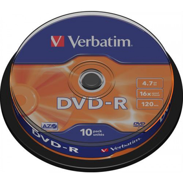 Verbatim DVD-R, 16x, 4,7 GB/120 min, 10-pack spindel, AZO 43523