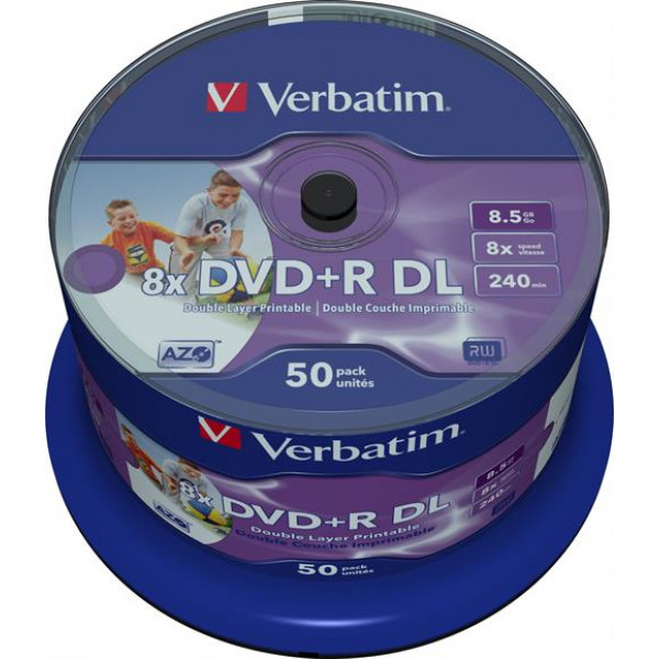 Verbatim DVD+R DL, 8x, 8,5 GB/240 min, 50-pack spindel, AZO 43703