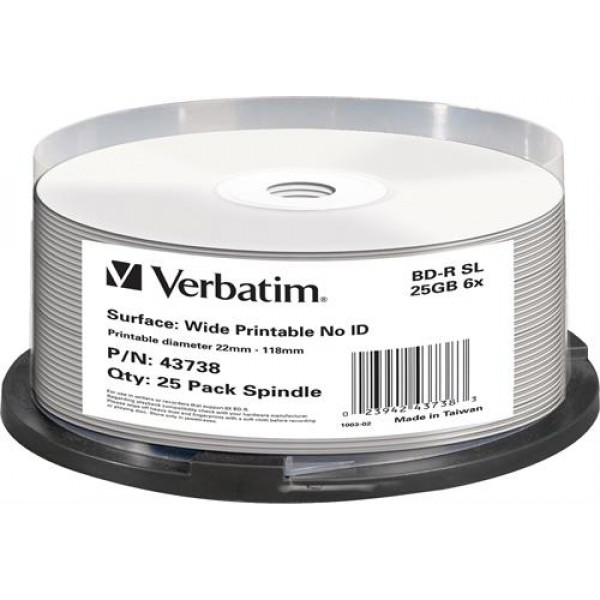 Verbatim BD-R, 6x, 25GB/200min, 25pack spindel, print, Hard Coat, MABL 43738