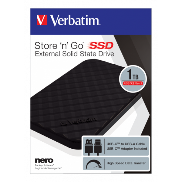 Verbatim Store 'n' Go portable SSD USB 3.2 Gen1 1TB Black USB-C 53230