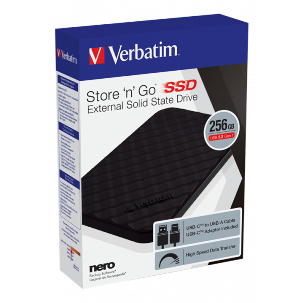 Verbatim Store 'n' Go portable SSD USB 3.2 Gen1 256GB Black USB-C 53249