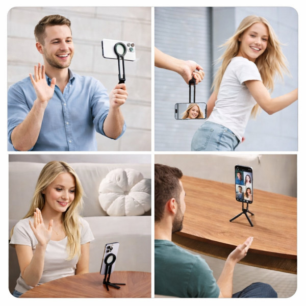 Whether used as a handle for mobile vlogs or as a compact tabletop tripod, the magnetic smartphone holder adapts flexibly to different usage scenarios. Hold it in your hand for spontaneous clips on the go or stand it upright for video calls, live streams 