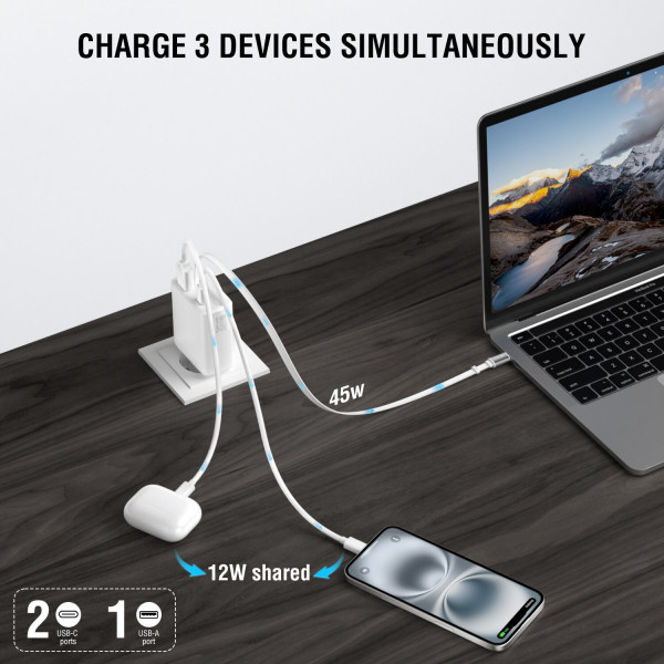 Laptop, smartphone, headphones – all dead at the same time and only one power outlet free? With this multiport USB-C charger, you can charge up to three devices simultaneously. No more switching plugs, no more cable clutter. You save time, reduce complexi