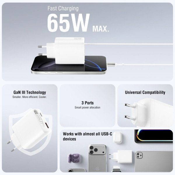 Laptop, smartphone, headphones – all dead at the same time and only one power outlet free? With this multiport USB-C charger, you can charge up to three devices simultaneously. No more switching plugs, no more cable clutter. You save time, reduce complexi