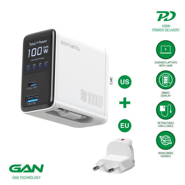 Charger GaN Flex Screen AI 100W 2 USB-C+1 USB-A, white 547100