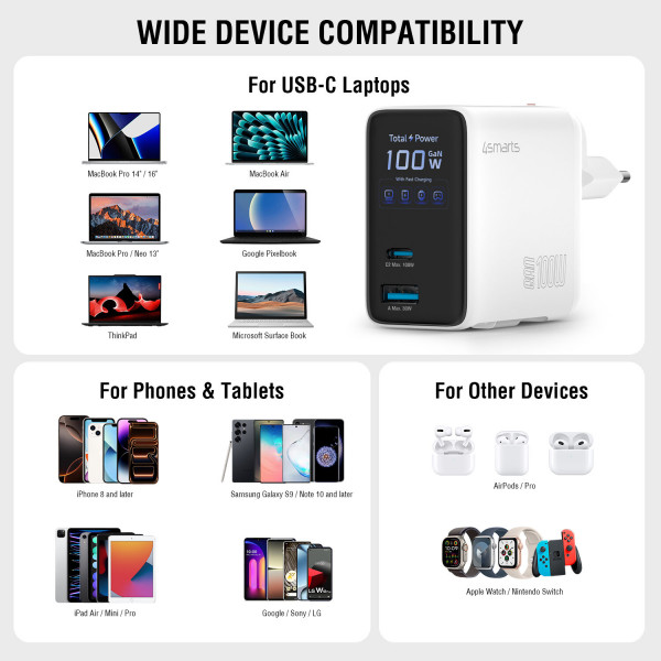 Charger GaN Flex Screen AI 100W 2 USB-C+1 USB-A, white 547100