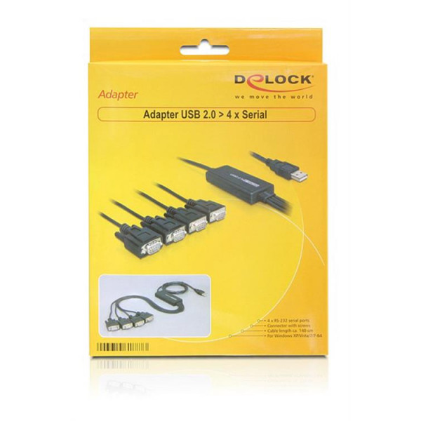 DeLOCK USB 2.0 till 4xSeriell adapter, 1xUSB Typ A ha, 4xDB9 ha, svart 61887