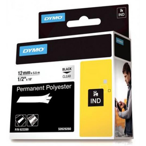 DYMO Rhino Prof, polyestertejp, 12mm, svart text trans tejp, 5,5m 622289