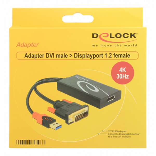DeLOCK DVI hane - DisplayPort hona adapter, 3840x2160 30Hz, 0,3m, svar