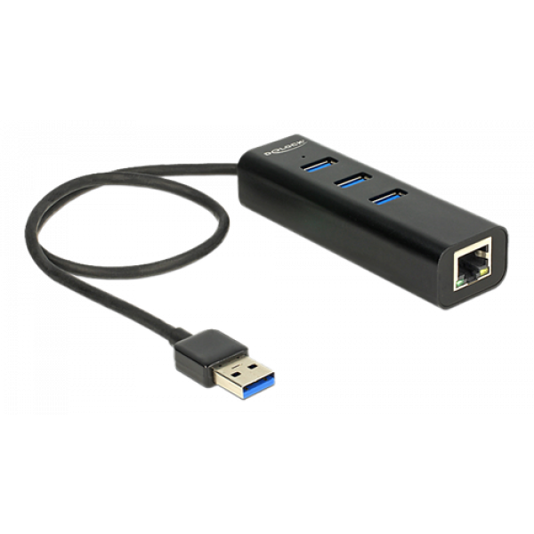 Delock USB 3.0 Hub 3 Port + 1 Port Gigabit LAN 10/100/1000 Mbps 62653