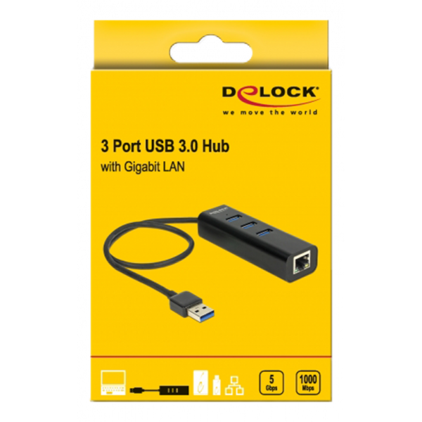 Delock USB 3.0 Hub 3 Port + 1 Port Gigabit LAN 10/100/1000 Mbps 62653