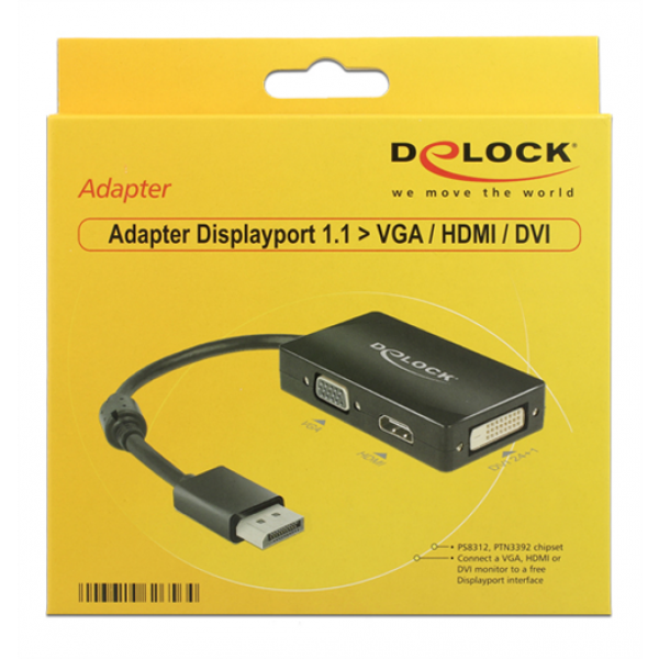 DeLOCK DisplayPort till HDMI/VGA/DVI adapter, 1920x1200 i 60Hz, svart 62656