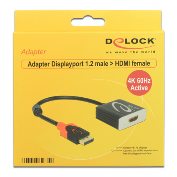 DeLOCK DisplayPort till HDMI-adapter, aktiv, 4K i 60Hz, 0,2m, svart 62734