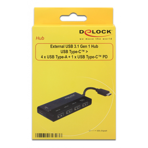 Delock Externer USB 3.1 Gen 1 Hub USB Type-C™ > 4 x USB Typ-A + 1 x US 62793