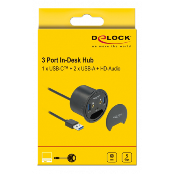 Delock 3 Port In-Desk Hub USB 1 x USB Type-C™ and 2 x USB Type-A + HD 62794