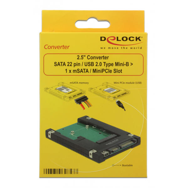 Delock 2.5" Converter SATA 22 pin / USB 2.0 Type Mini-B > 1 x mSATA / 62853